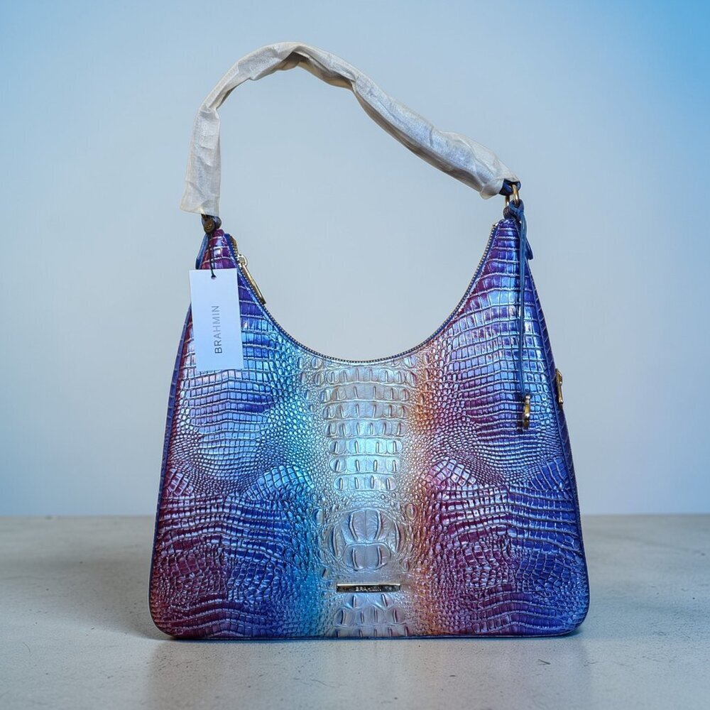 Brahmin Tabitha Melbourne Ombre Rainbow Shoulder Bag Croc Embossed Leather NWT - Picture 5 of 16
